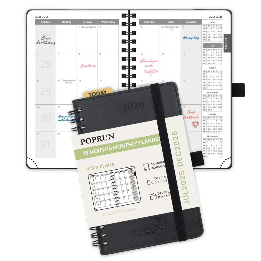 POPRUN Monthly Planner 2025-2026 Spiral Bound (8.5'' x 10.5'') 18 Months Calendar (Jul 2025 - Dec 2026) - 4 Pages per Month with Monthly Expense & Notes, Sunday Start, Leather Cover - Grey