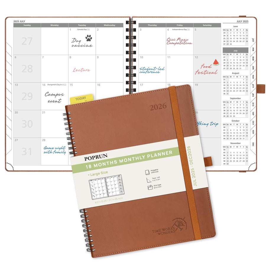 POPRUN Monthly Planner 2025-2026 Spiral Bound (8.5'' x 10.5'') 18 Months Calendar (Jul 2025 - Dec 2026) - 4 Pages per Month with Monthly Expense & Notes, Sunday Start, Leather Cover - Grey