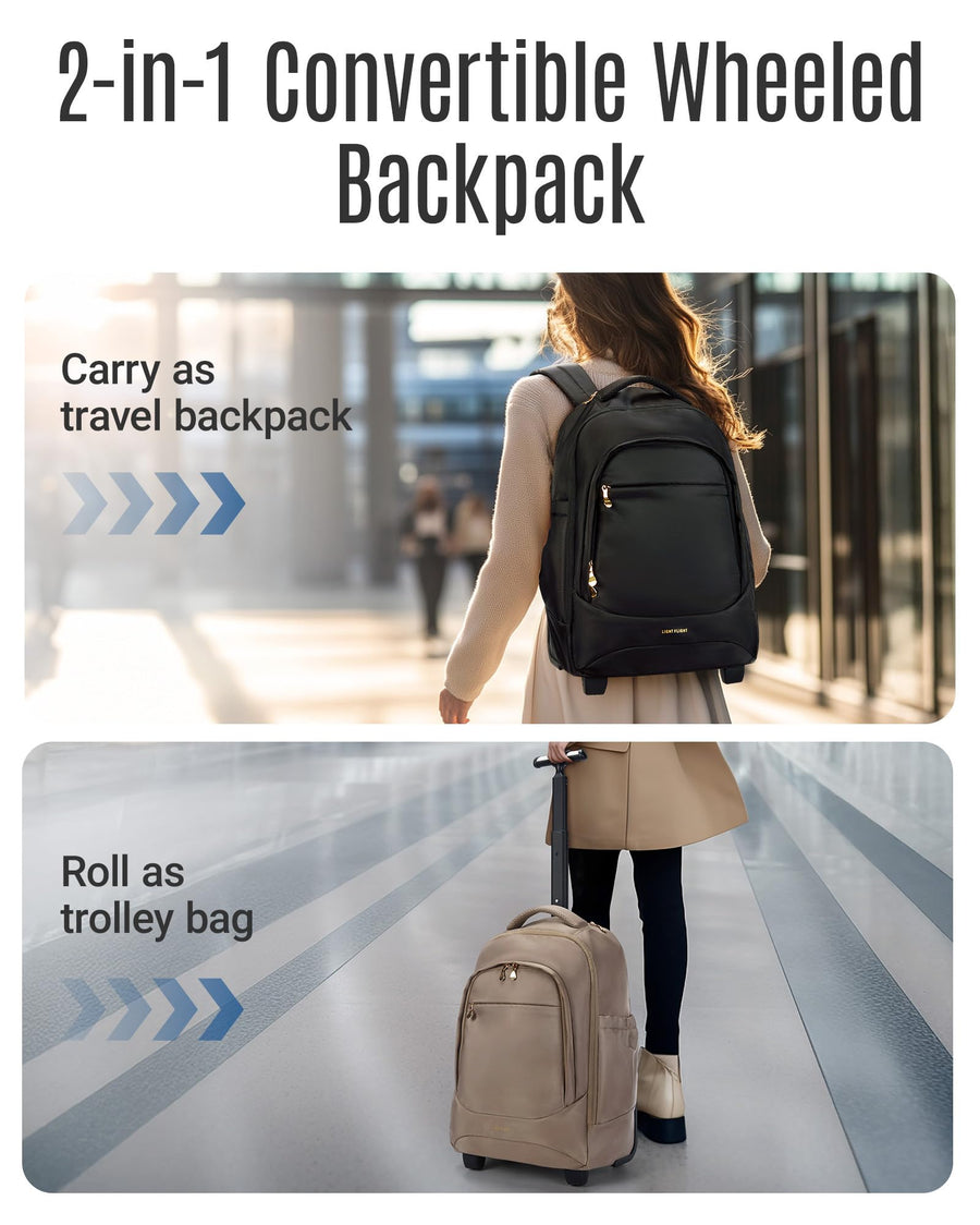 LIGHT FLIGHT Travel Laptop Backpack Women, 15.6 Inch Laptop Backpack with USB Charging Hole, Water Resistant College Bookbag, Black Computer Backpacks for Work, Champagne