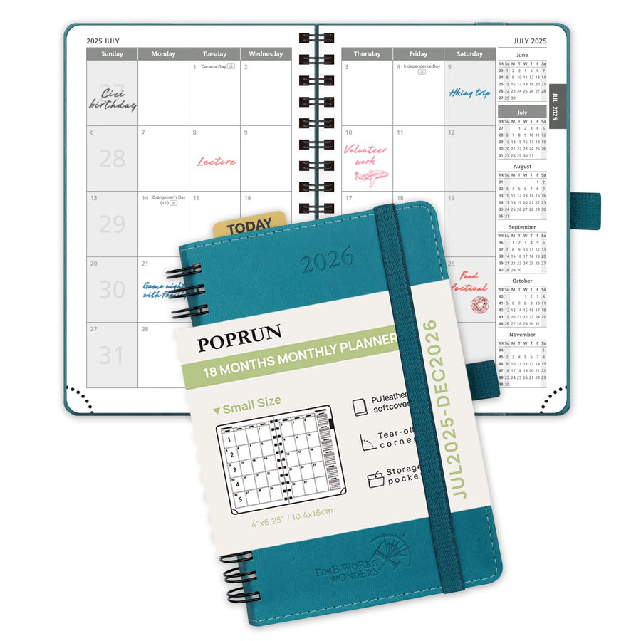 POPRUN Monthly Planner 2025-2026 Spiral Bound (8.5'' x 10.5'') 18 Months Calendar (Jul 2025 - Dec 2026) - 4 Pages per Month with Monthly Expense & Notes, Sunday Start, Leather Cover - Grey