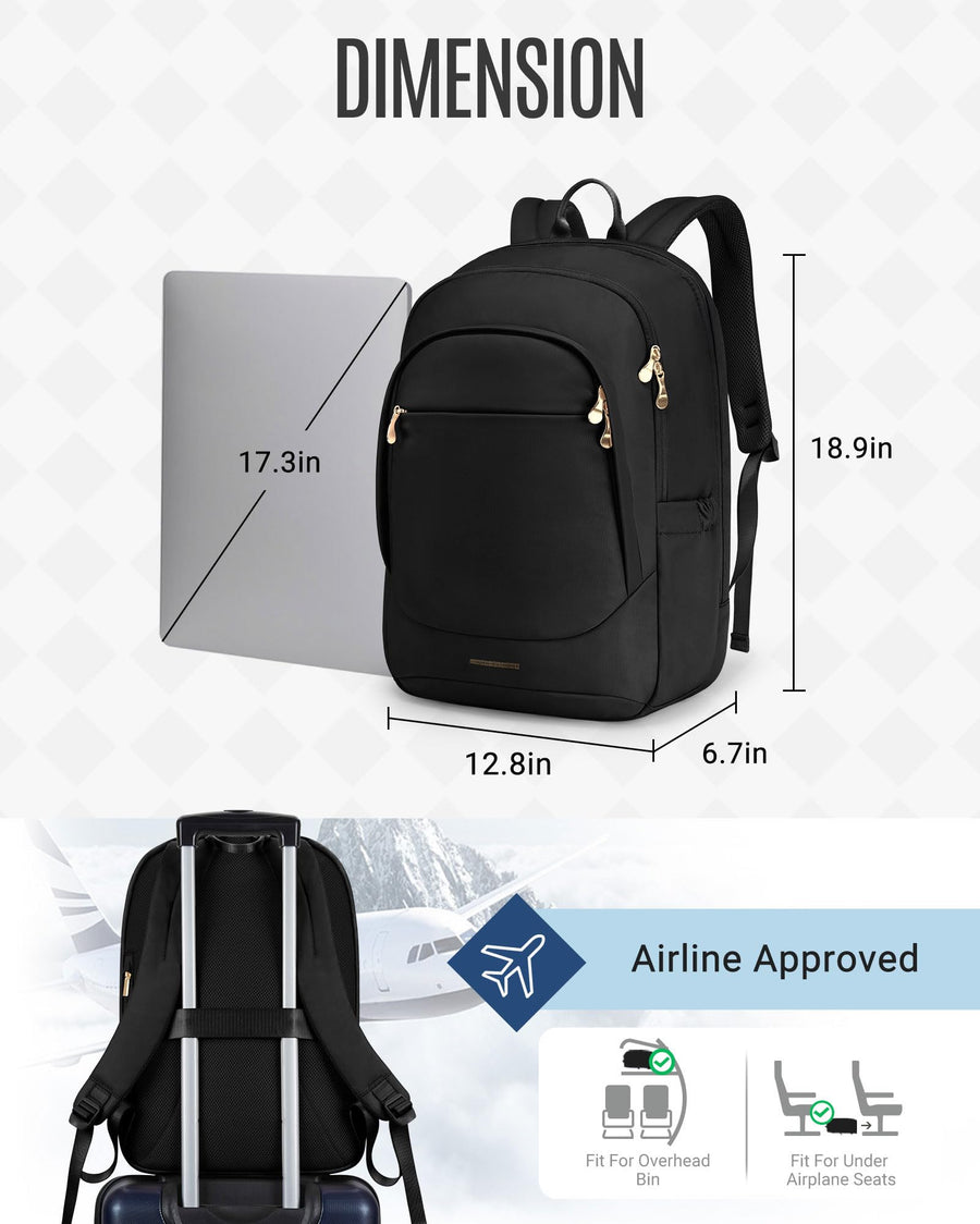 LIGHT FLIGHT Travel Laptop Backpack Women, 15.6 Inch Laptop Backpack with USB Charging Hole, Water Resistant College Bookbag, Black Computer Backpacks for Work, Champagne