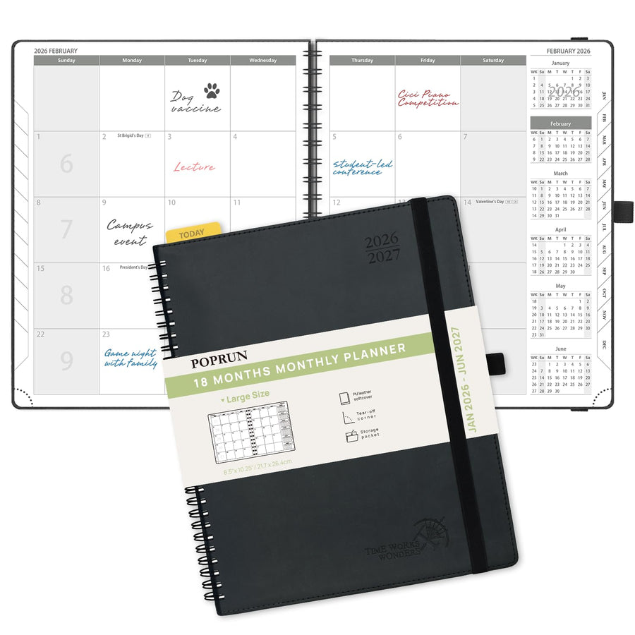 POPRUN Monthly Planner 2025-2026 Spiral Bound (8.5'' x 10.5'') 18 Months Calendar (Jul 2025 - Dec 2026) - 4 Pages per Month with Monthly Expense & Notes, Sunday Start, Leather Cover - Grey