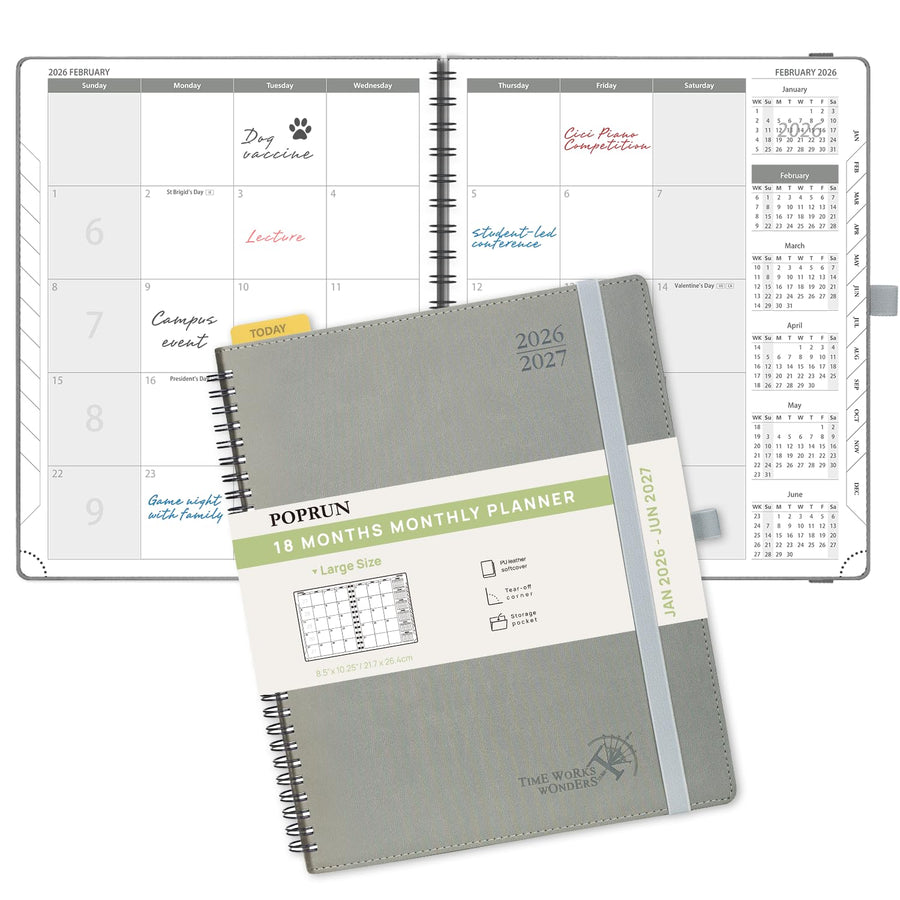 POPRUN Monthly Planner 2025-2026 Spiral Bound (8.5'' x 10.5'') 18 Months Calendar (Jul 2025 - Dec 2026) - 4 Pages per Month with Monthly Expense & Notes, Sunday Start, Leather Cover - Grey