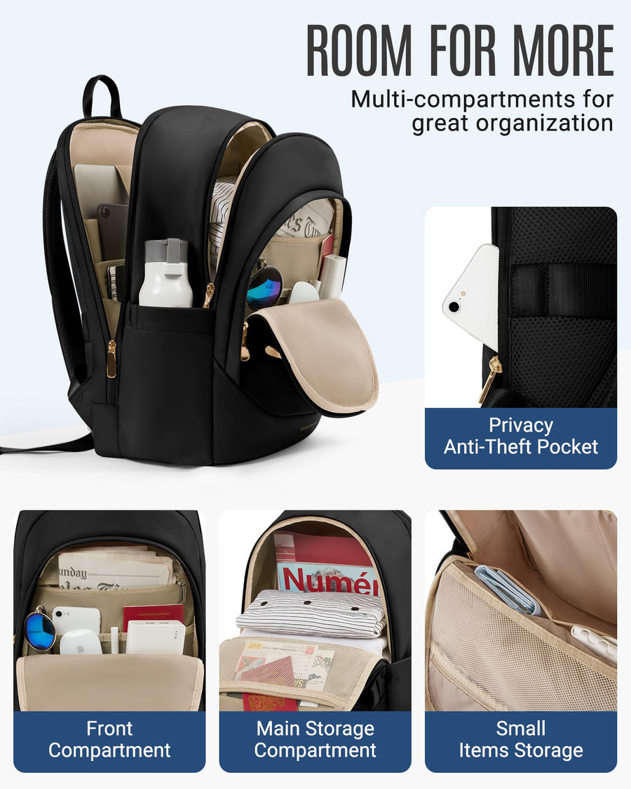 LIGHT FLIGHT Travel Laptop Backpack Women, 15.6 Inch Laptop Backpack with USB Charging Hole, Water Resistant College Bookbag, Black Computer Backpacks for Work, Champagne
