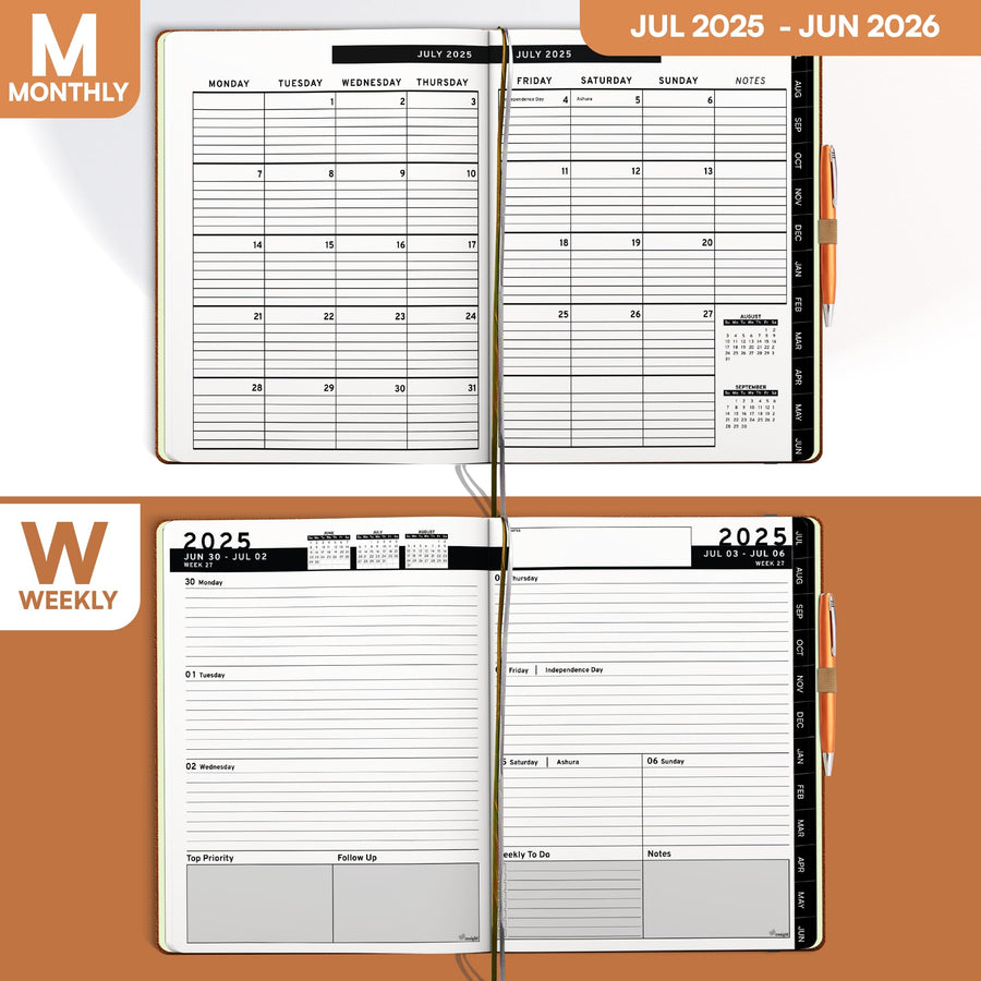 Ensight 2025-2026 HARDCOVER Leather Planner Weekly & Monthly - 8.5x11 Inches - Academic Planner Business Personal or Student - Pen Holder, Thick Paper, July 2025 - June 2026 (Brown)