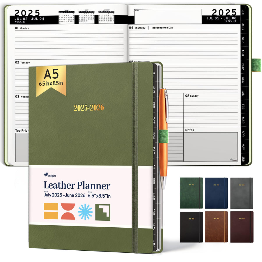 Ensight 2025-2026 HARDCOVER Leather Planner Weekly & Monthly - 8.5x11 Inches - Academic Planner Business Personal or Student - Pen Holder, Thick Paper, July 2025 - June 2026 (Brown)