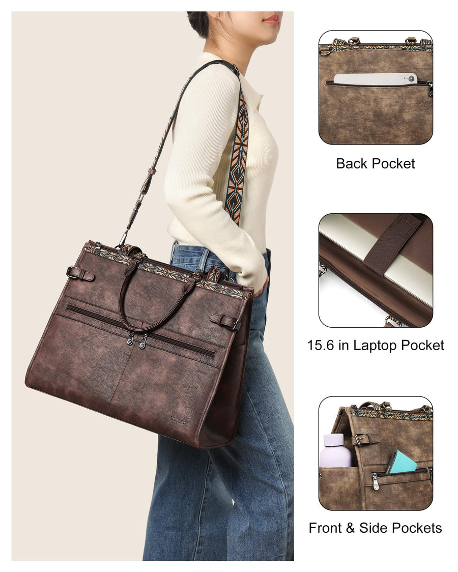 FADEON Laptop Bag for Women Designer PU Leather Large Tote Bags Packpack Purses with 15.6 Laptop Compartment Shoulder Handbag