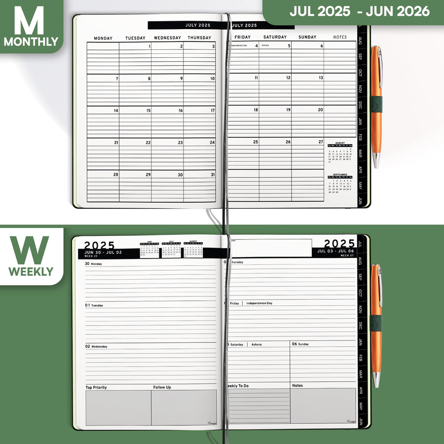 Ensight 2025-2026 HARDCOVER Leather Planner Weekly & Monthly - 8.5x11 Inches - Academic Planner Business Personal or Student - Pen Holder, Thick Paper, July 2025 - June 2026 (Brown)