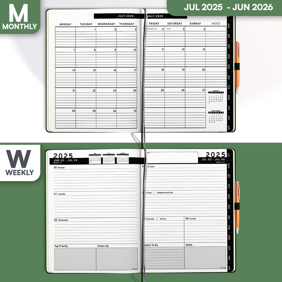 Ensight 2025-2026 HARDCOVER Leather Planner Weekly & Monthly - 8.5x11 Inches - Academic Planner Business Personal or Student - Pen Holder, Thick Paper, July 2025 - June 2026 (Brown)