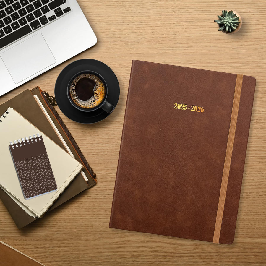 Ensight 2025-2026 HARDCOVER Leather Planner Weekly & Monthly - 8.5x11 Inches - Academic Planner Business Personal or Student - Pen Holder, Thick Paper, July 2025 - June 2026 (Brown)