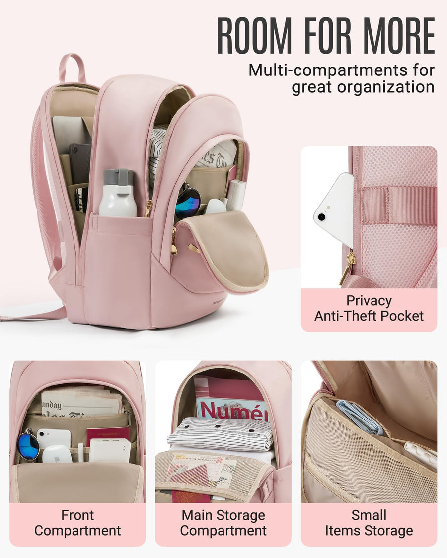 LIGHT FLIGHT Travel Laptop Backpack Women, 15.6 Inch Laptop Backpack with USB Charging Hole, Water Resistant College Bookbag, Black Computer Backpacks for Work, Champagne