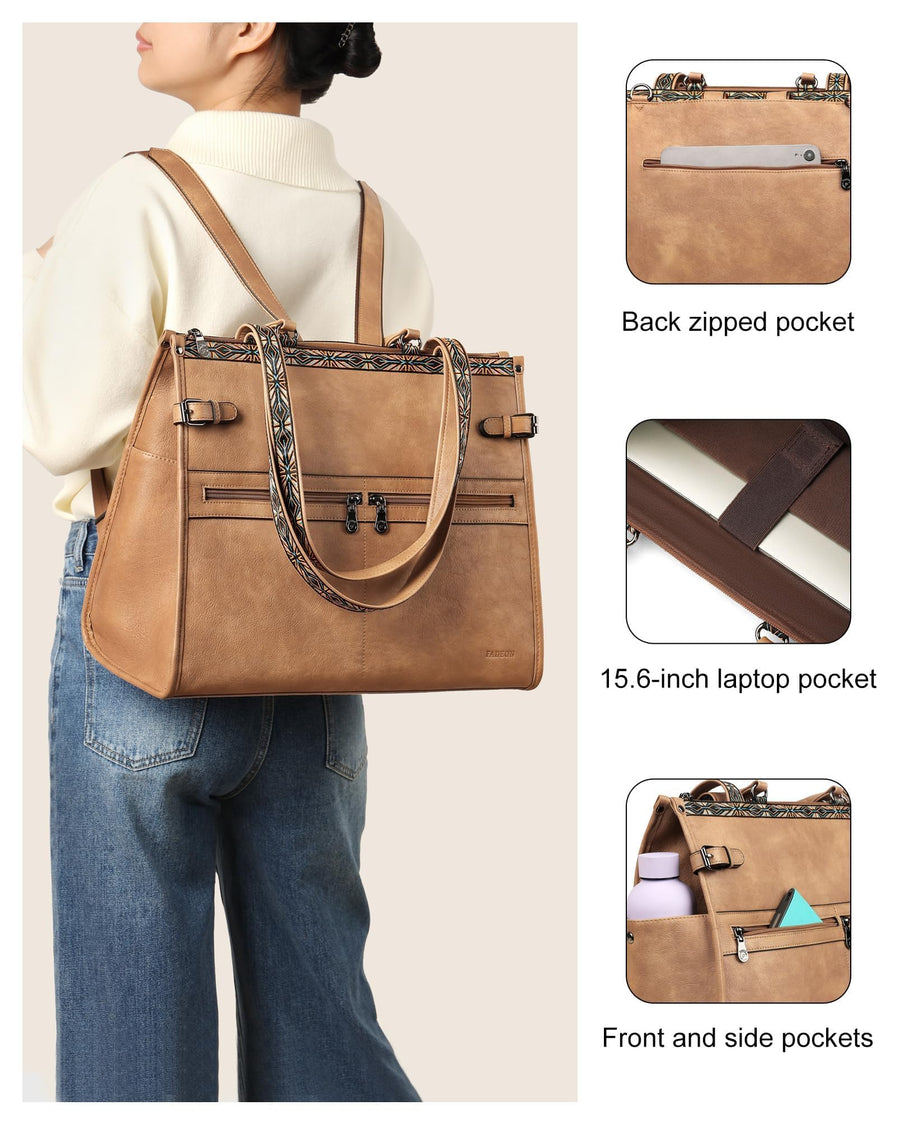 FADEON Laptop Bag for Women Designer PU Leather Large Tote Bags Packpack Purses with 15.6 Laptop Compartment Shoulder Handbag