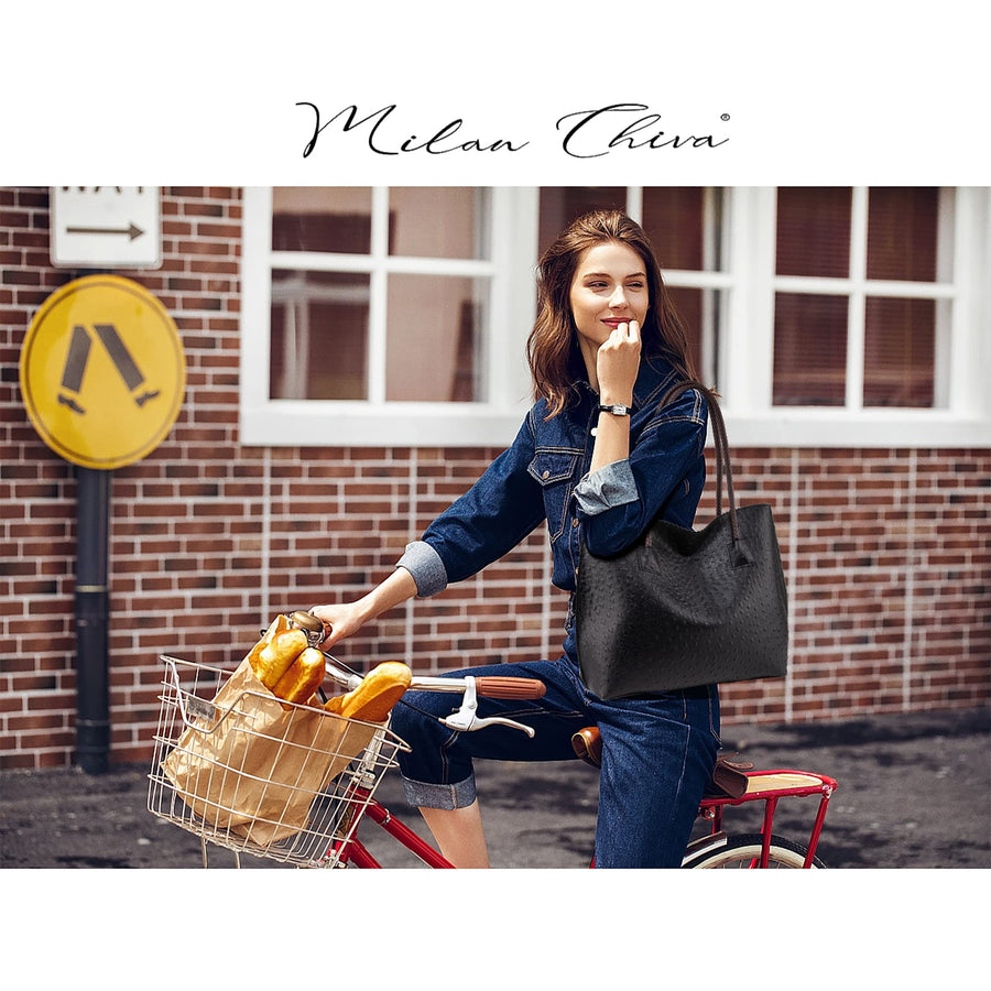 Tote Bag for Women with Zipper Large Ostrich Vegan Leather Shoulder Purses and Handbags