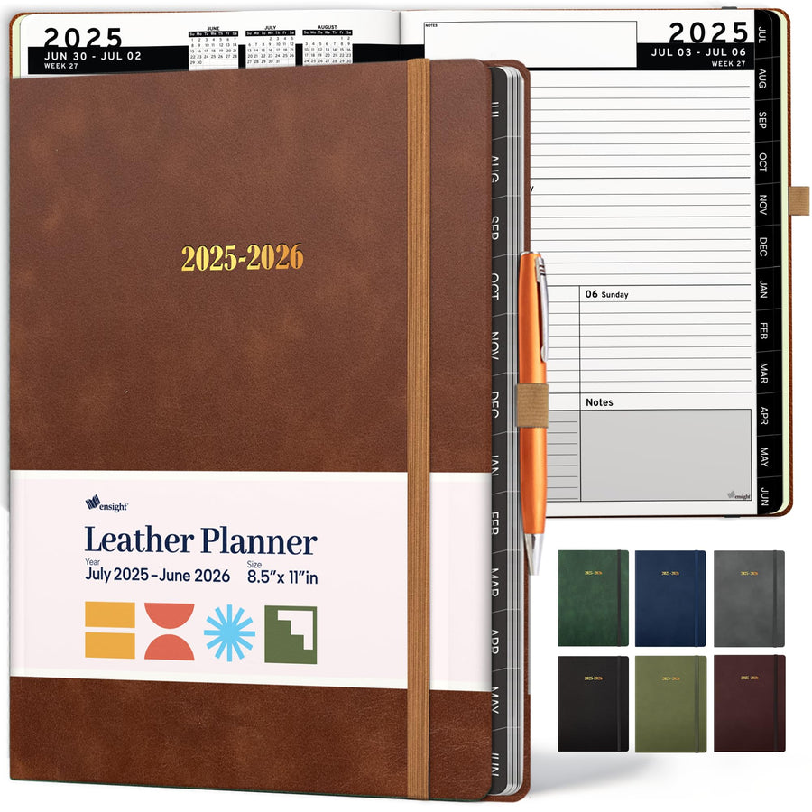 Ensight 2025-2026 HARDCOVER Leather Planner Weekly & Monthly - 8.5x11 Inches - Academic Planner Business Personal or Student - Pen Holder, Thick Paper, July 2025 - June 2026 (Brown)