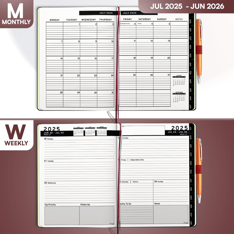 Ensight 2025-2026 HARDCOVER Leather Planner Weekly & Monthly - 8.5x11 Inches - Academic Planner Business Personal or Student - Pen Holder, Thick Paper, July 2025 - June 2026 (Brown)