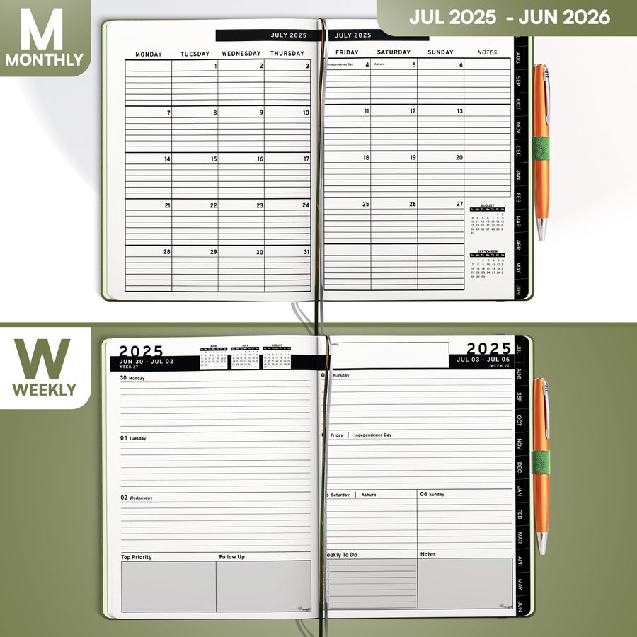Ensight 2025-2026 HARDCOVER Leather Planner Weekly & Monthly - 8.5x11 Inches - Academic Planner Business Personal or Student - Pen Holder, Thick Paper, July 2025 - June 2026 (Brown)