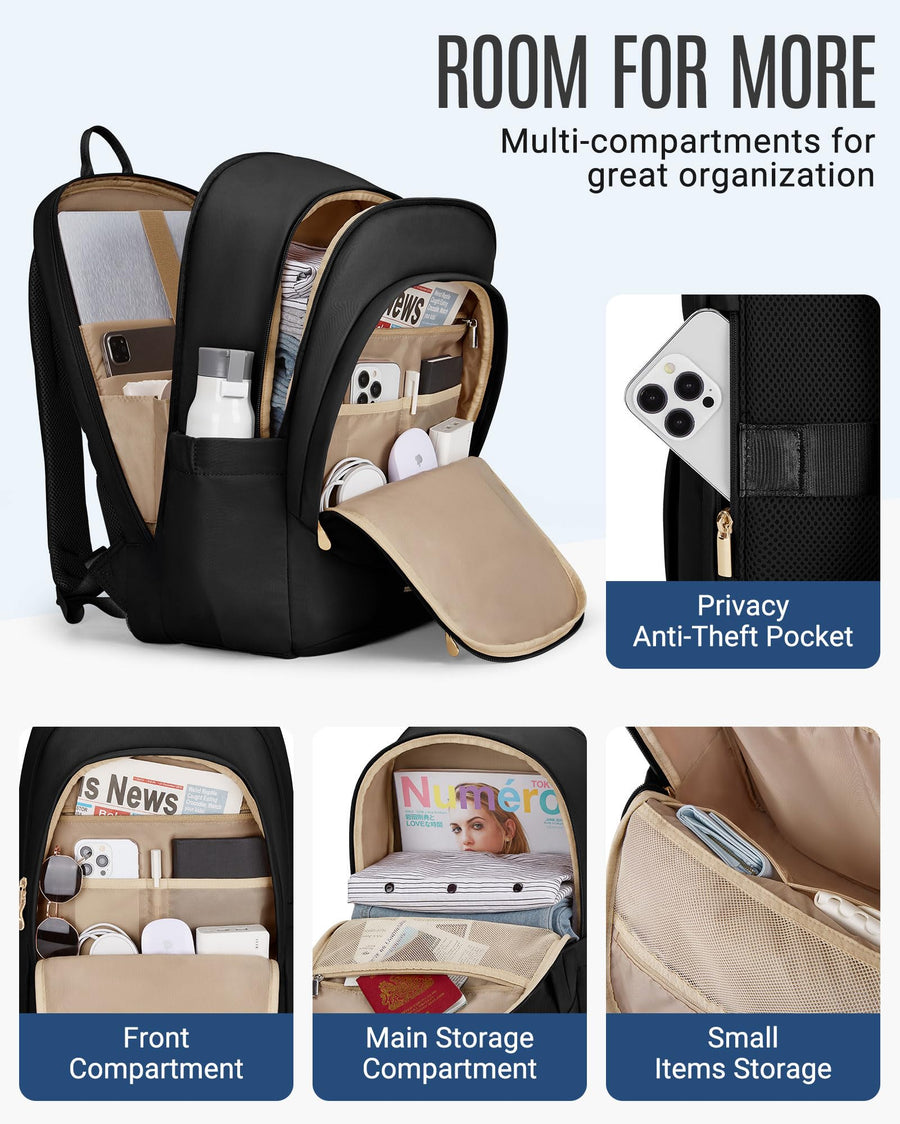 LIGHT FLIGHT Travel Laptop Backpack Women, 15.6 Inch Laptop Backpack with USB Charging Hole, Water Resistant College Bookbag, Black Computer Backpacks for Work, Champagne