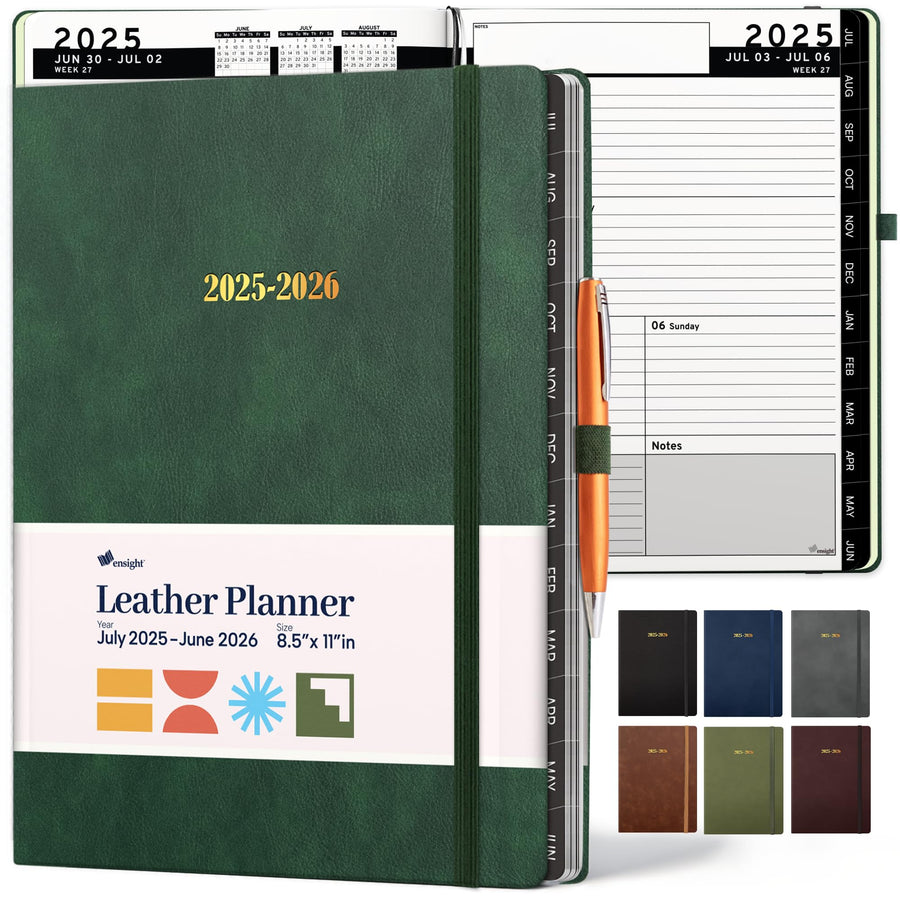 Ensight 2025-2026 HARDCOVER Leather Planner Weekly & Monthly - 8.5x11 Inches - Academic Planner Business Personal or Student - Pen Holder, Thick Paper, July 2025 - June 2026 (Brown)
