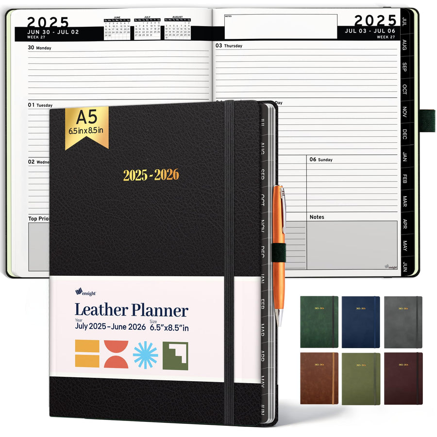Ensight 2025-2026 HARDCOVER Leather Planner Weekly & Monthly - 8.5x11 Inches - Academic Planner Business Personal or Student - Pen Holder, Thick Paper, July 2025 - June 2026 (Brown)