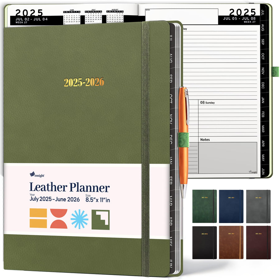 Ensight 2025-2026 HARDCOVER Leather Planner Weekly & Monthly - 8.5x11 Inches - Academic Planner Business Personal or Student - Pen Holder, Thick Paper, July 2025 - June 2026 (Brown)