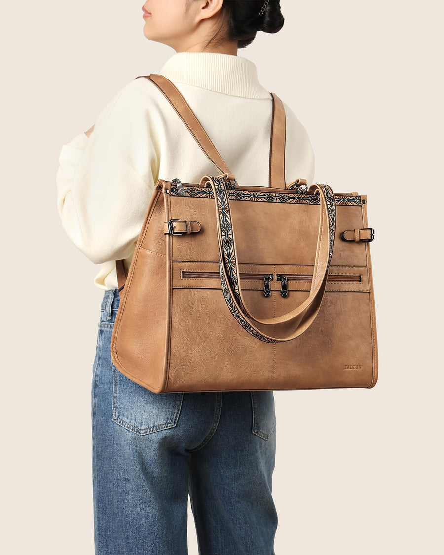 FADEON Laptop Bag for Women Designer PU Leather Large Tote Bags Packpack Purses with 15.6 Laptop Compartment Shoulder Handbag