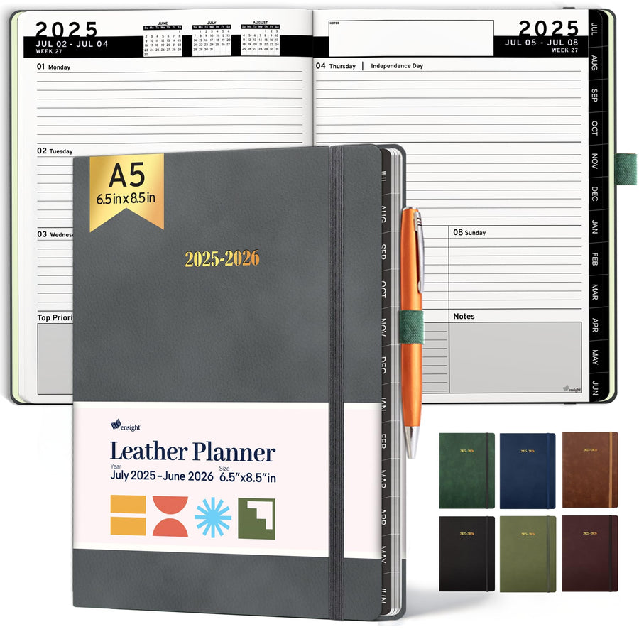 Ensight 2025-2026 HARDCOVER Leather Planner Weekly & Monthly - 8.5x11 Inches - Academic Planner Business Personal or Student - Pen Holder, Thick Paper, July 2025 - June 2026 (Brown)