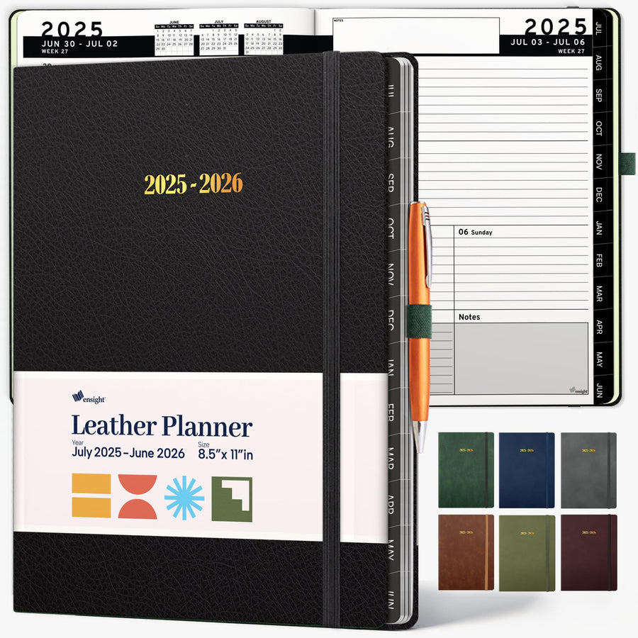 Ensight 2025-2026 HARDCOVER Leather Planner Weekly & Monthly - 8.5x11 Inches - Academic Planner Business Personal or Student - Pen Holder, Thick Paper, July 2025 - June 2026 (Brown)