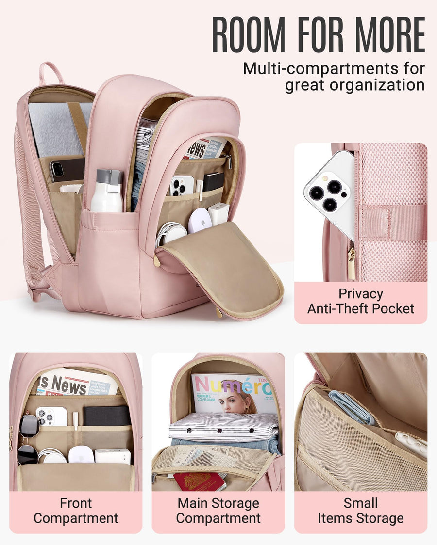 LIGHT FLIGHT Travel Laptop Backpack Women, 15.6 Inch Laptop Backpack with USB Charging Hole, Water Resistant College Bookbag, Black Computer Backpacks for Work, Champagne