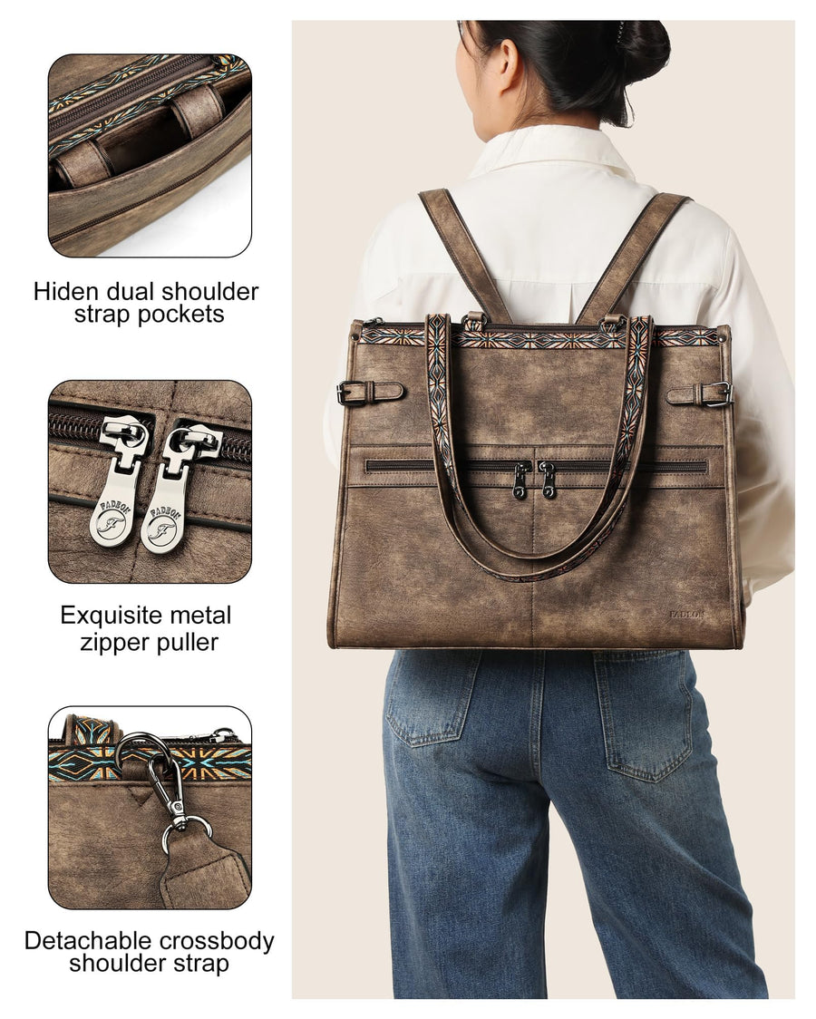 FADEON Laptop Bag for Women Designer PU Leather Large Tote Bags Packpack Purses with 15.6 Laptop Compartment Shoulder Handbag