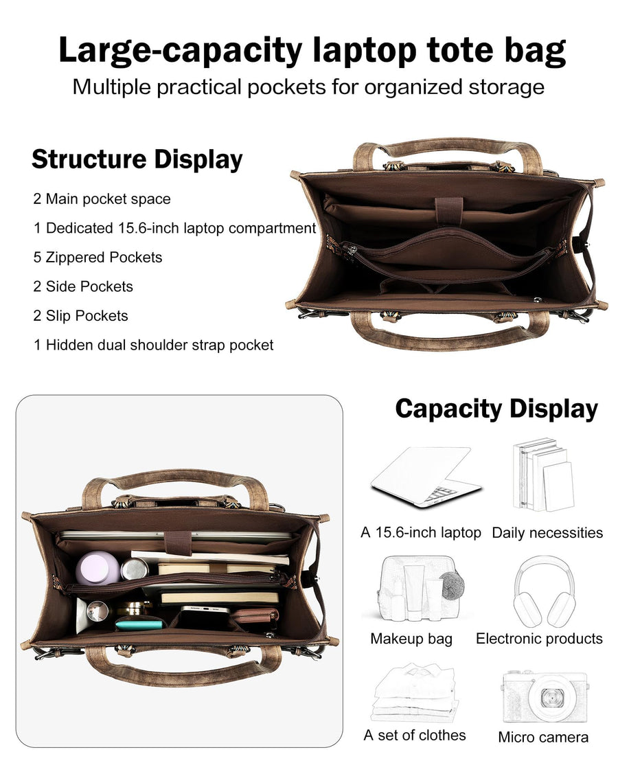 FADEON Laptop Bag for Women Designer PU Leather Large Tote Bags Packpack Purses with 15.6 Laptop Compartment Shoulder Handbag