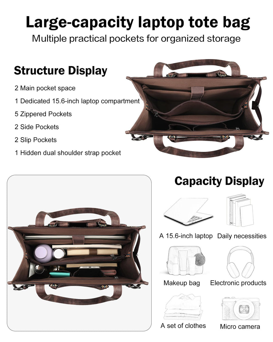 FADEON Laptop Bag for Women Designer PU Leather Large Tote Bags Packpack Purses with 15.6 Laptop Compartment Shoulder Handbag
