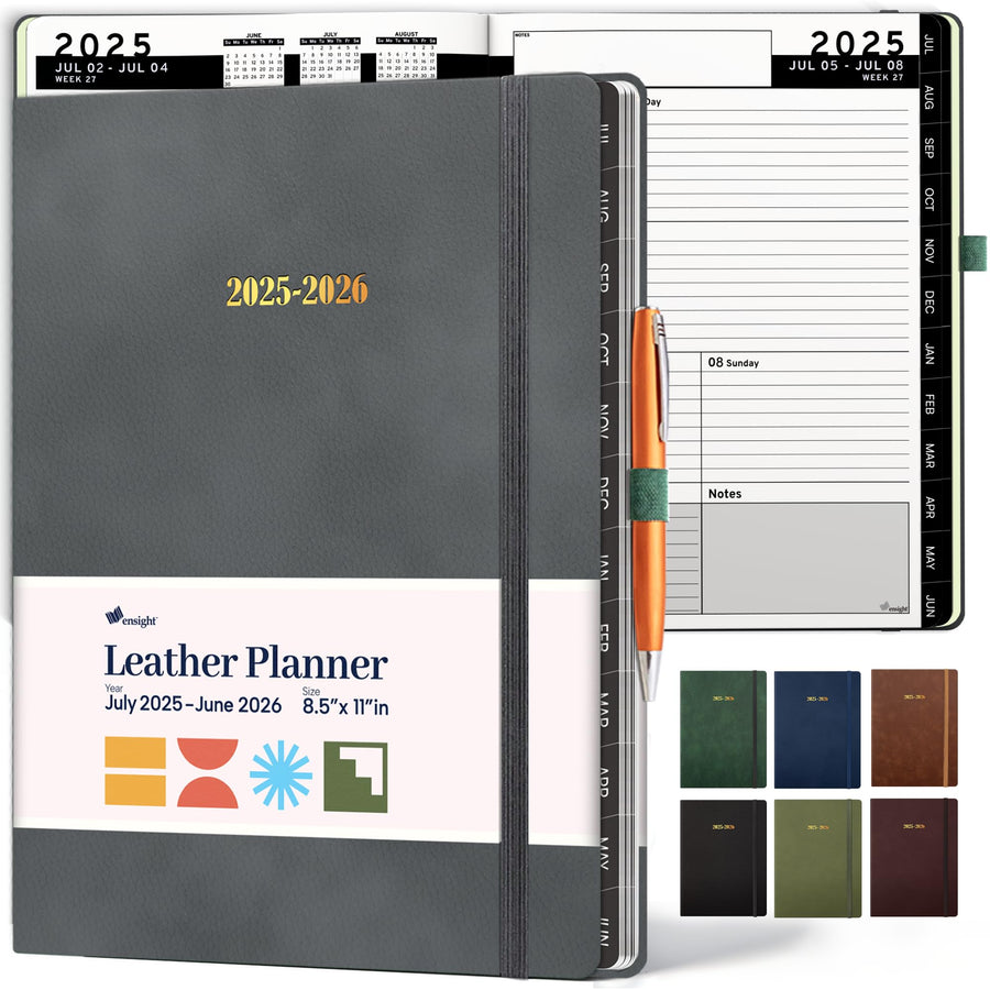 Ensight 2025-2026 HARDCOVER Leather Planner Weekly & Monthly - 8.5x11 Inches - Academic Planner Business Personal or Student - Pen Holder, Thick Paper, July 2025 - June 2026 (Brown)