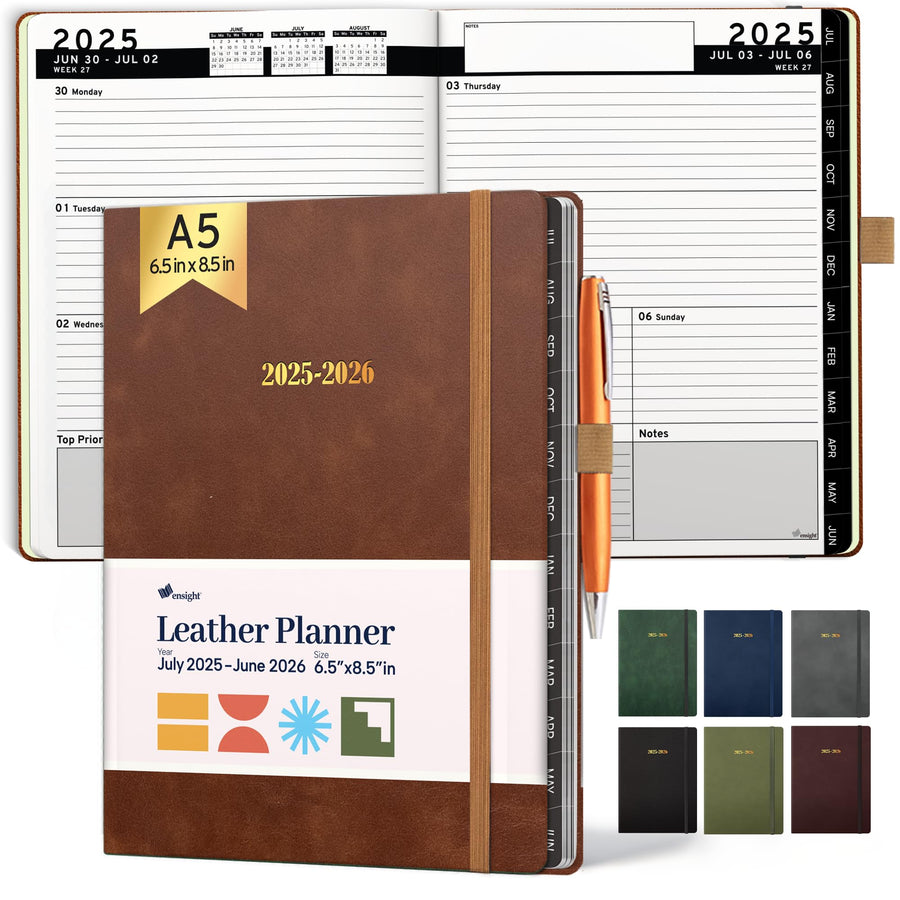 Ensight 2025-2026 HARDCOVER Leather Planner Weekly & Monthly - 8.5x11 Inches - Academic Planner Business Personal or Student - Pen Holder, Thick Paper, July 2025 - June 2026 (Brown)