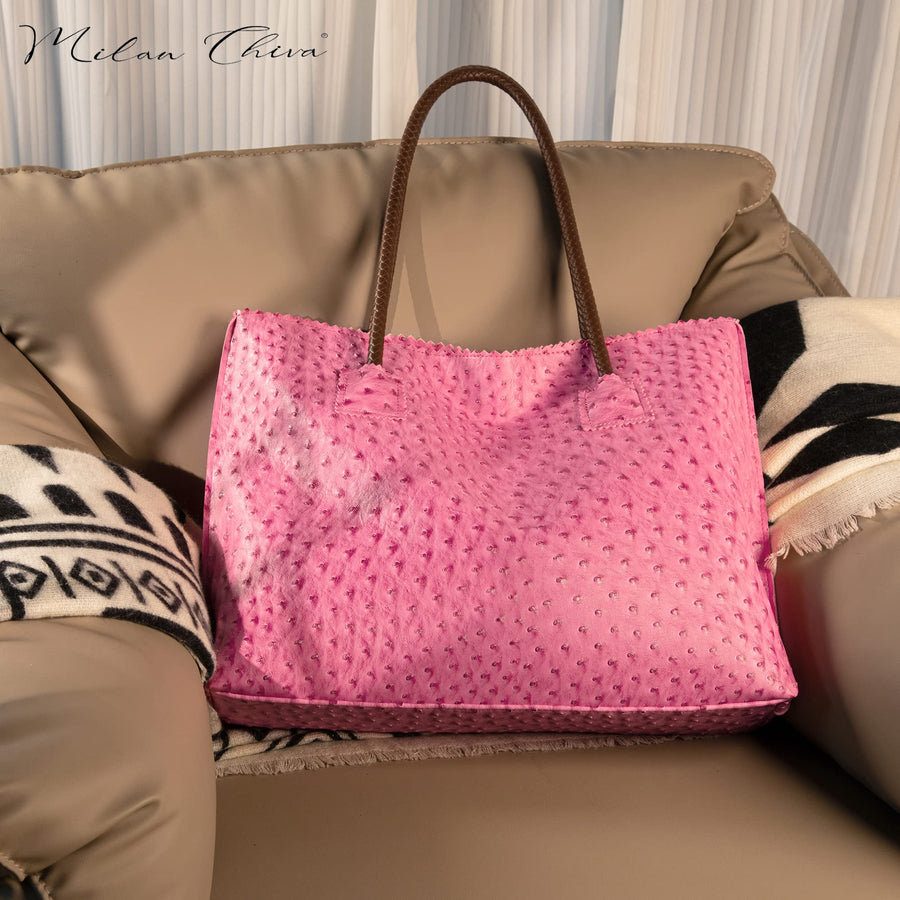 Tote Bag for Women with Zipper Large Ostrich Vegan Leather Shoulder Purses and Handbags