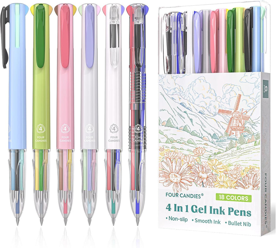 Four Candies 6 PCS Multicolor Pen, 0.5mm Colored Pens, 4-in-1 Multicolor Ink Pens, 18 Colors Retractable Ink for Office, School & Back to School Supplies