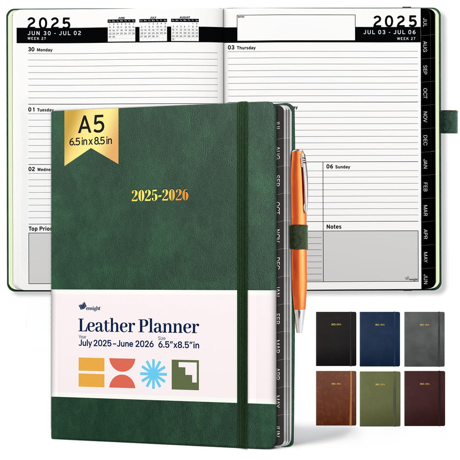 Ensight 2025-2026 HARDCOVER Leather Planner Weekly & Monthly - 8.5x11 Inches - Academic Planner Business Personal or Student - Pen Holder, Thick Paper, July 2025 - June 2026 (Brown)