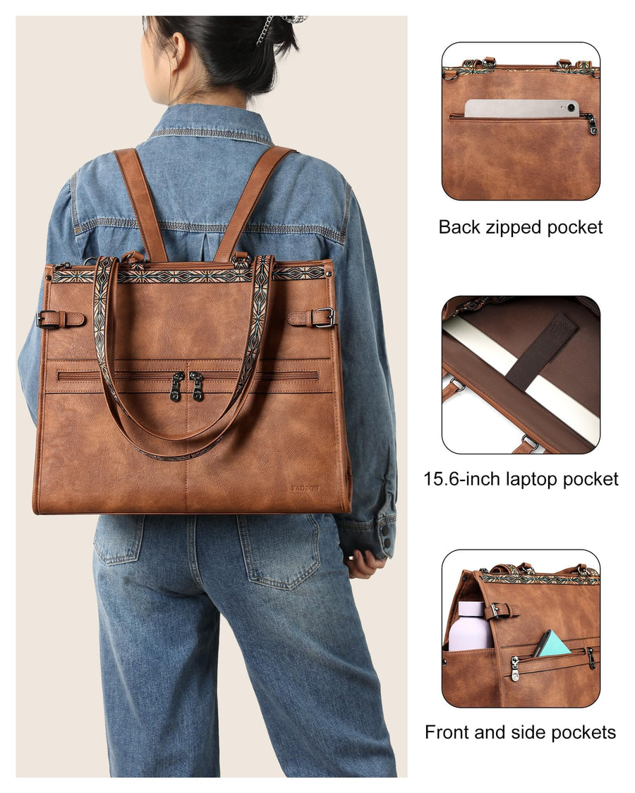 FADEON Laptop Bag for Women Designer PU Leather Large Tote Bags Packpack Purses with 15.6 Laptop Compartment Shoulder Handbag
