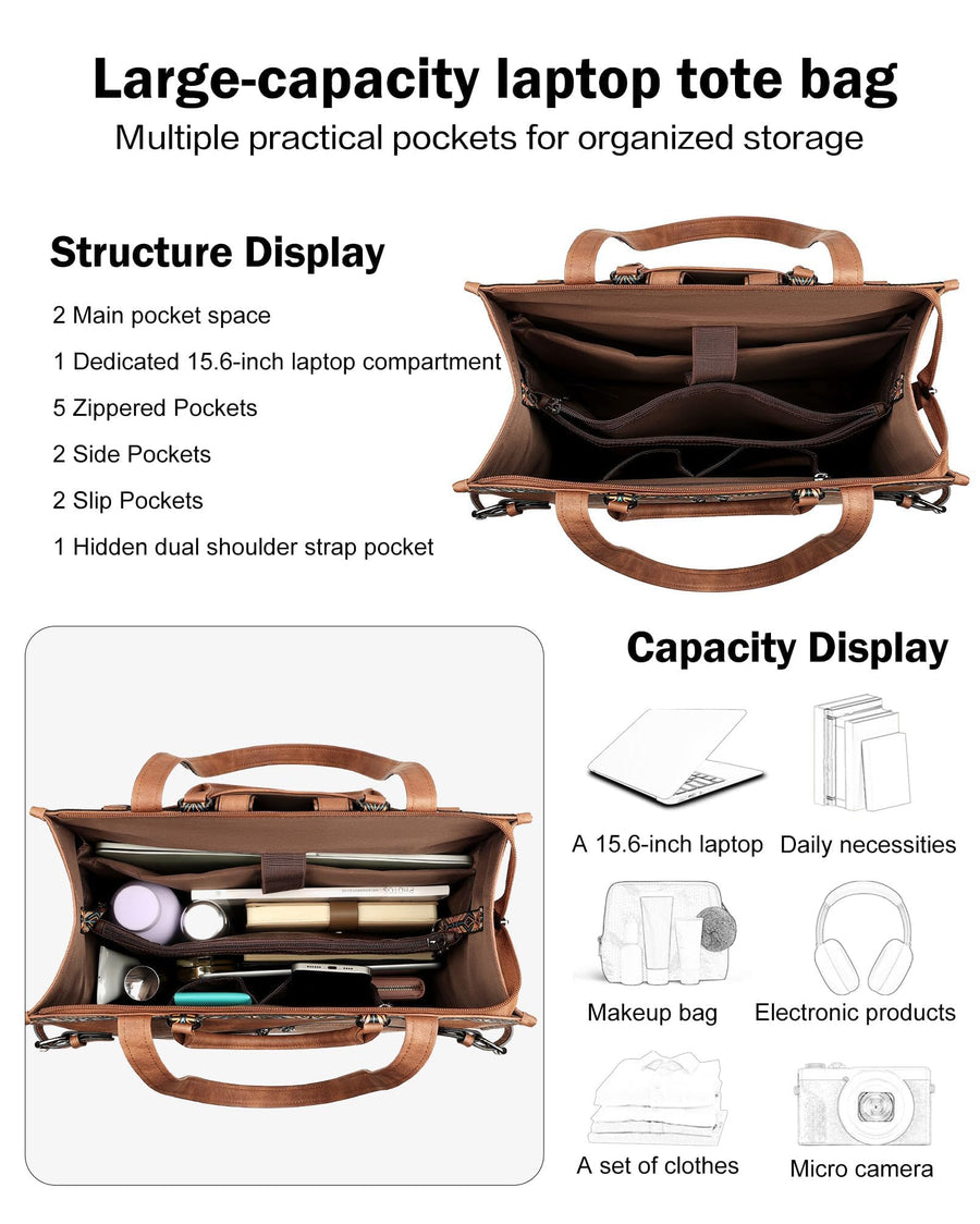 FADEON Laptop Bag for Women Designer PU Leather Large Tote Bags Packpack Purses with 15.6 Laptop Compartment Shoulder Handbag