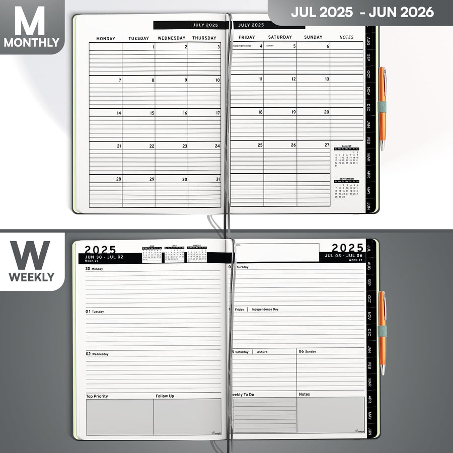 Ensight 2025-2026 HARDCOVER Leather Planner Weekly & Monthly - 8.5x11 Inches - Academic Planner Business Personal or Student - Pen Holder, Thick Paper, July 2025 - June 2026 (Brown)