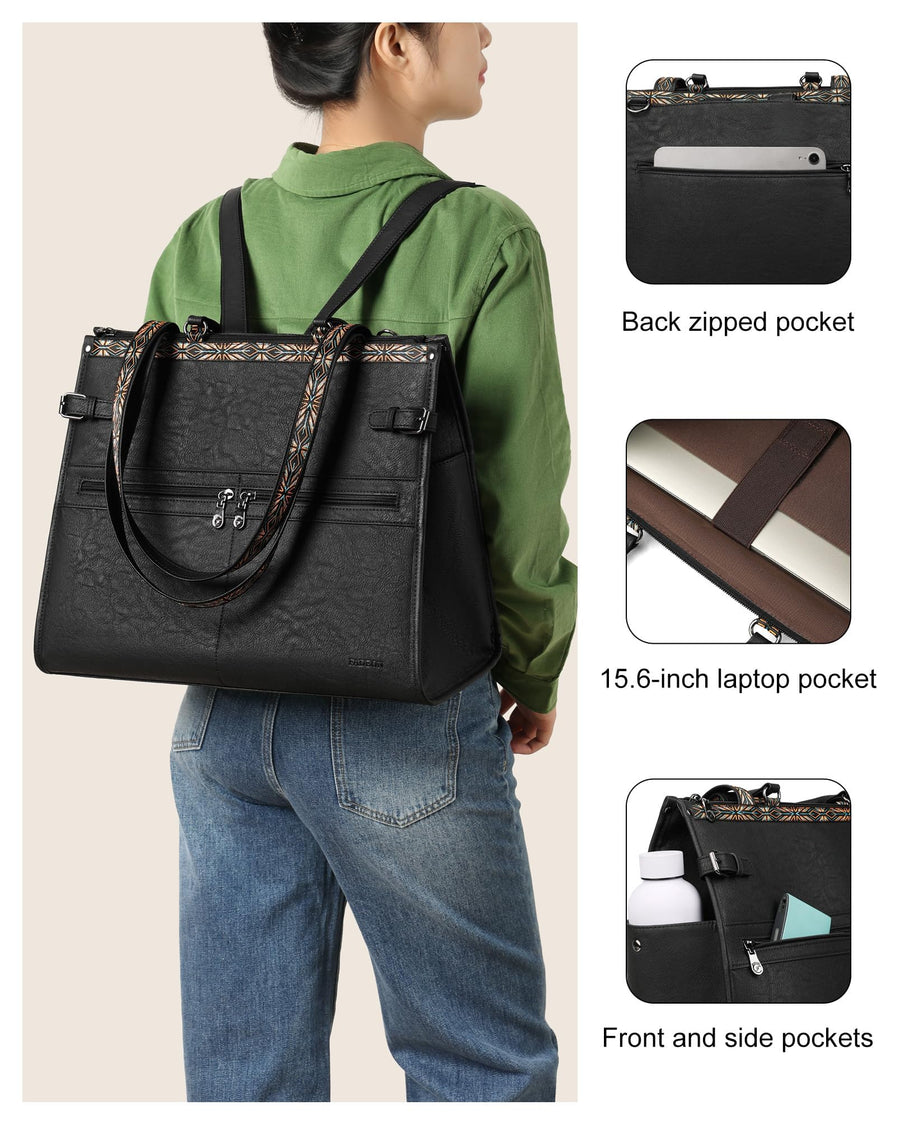 FADEON Laptop Bag for Women Designer PU Leather Large Tote Bags Packpack Purses with 15.6 Laptop Compartment Shoulder Handbag