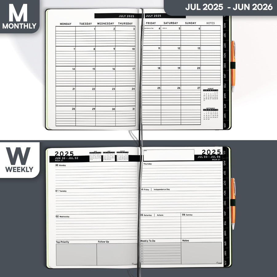 Ensight 2025-2026 HARDCOVER Leather Planner Weekly & Monthly - 8.5x11 Inches - Academic Planner Business Personal or Student - Pen Holder, Thick Paper, July 2025 - June 2026 (Brown)